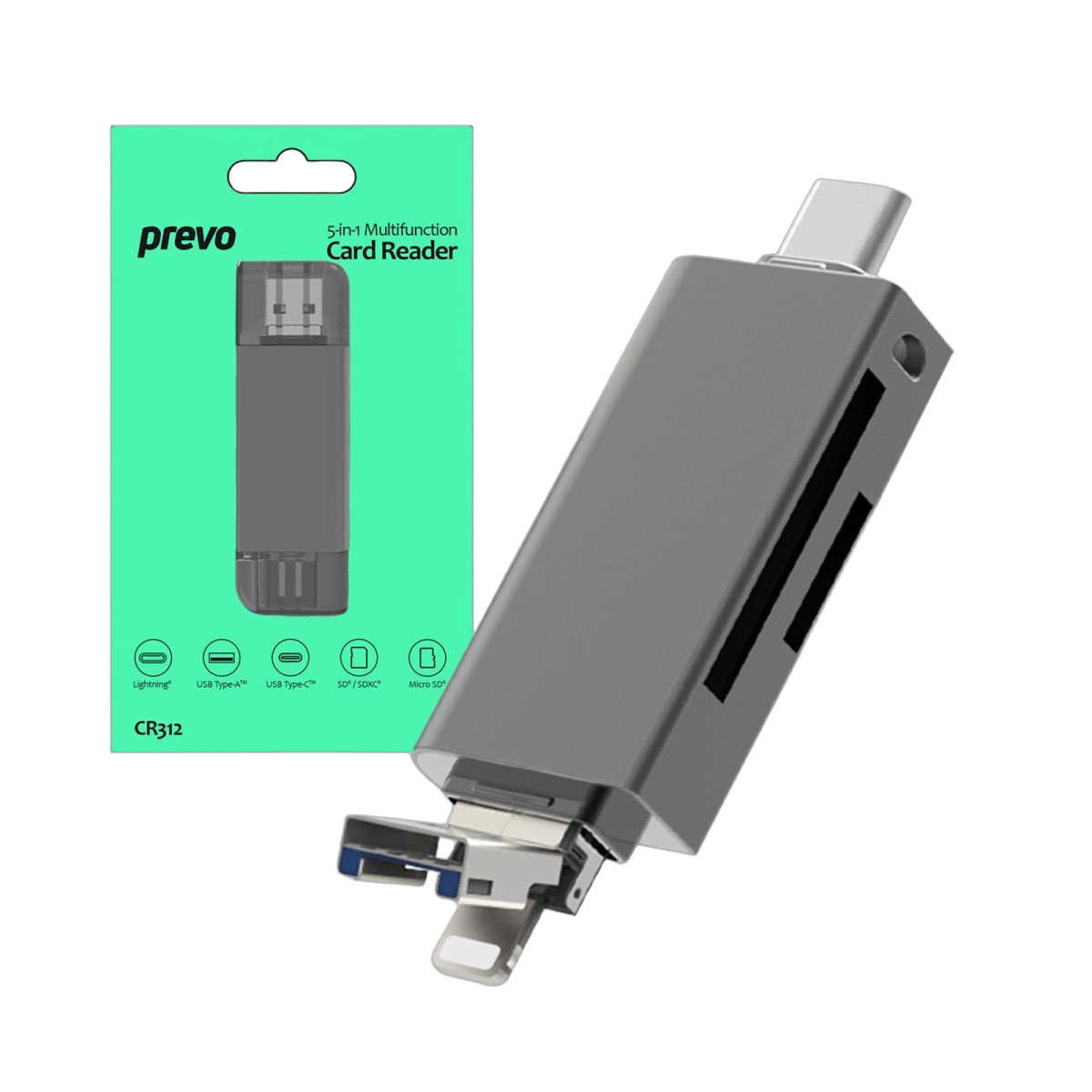 Prevo CR312 USB 2.0, USB Type-C and Lightning Connection, Card Reader, High-speed Memory Card Adapter Supports SD/Micro SD/TF/SDHC/SDXC/MMC, Compatible with Windows, Mac OS and Android, Black